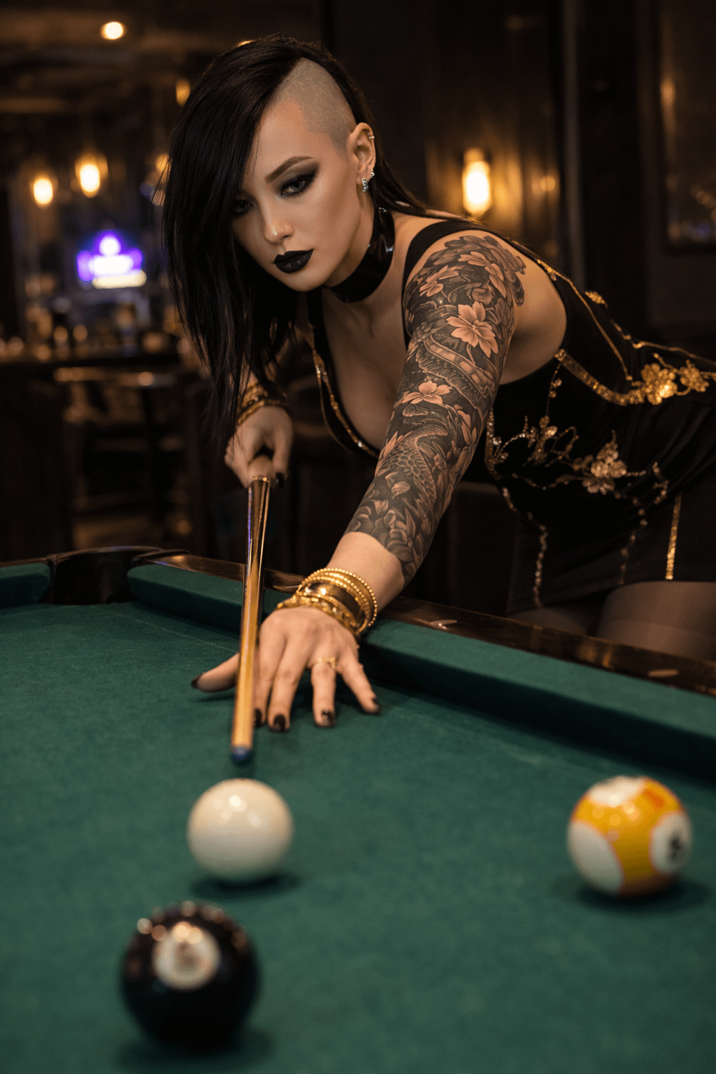 Pool Table Bar Scene Undercut Hair Floral Tattoo