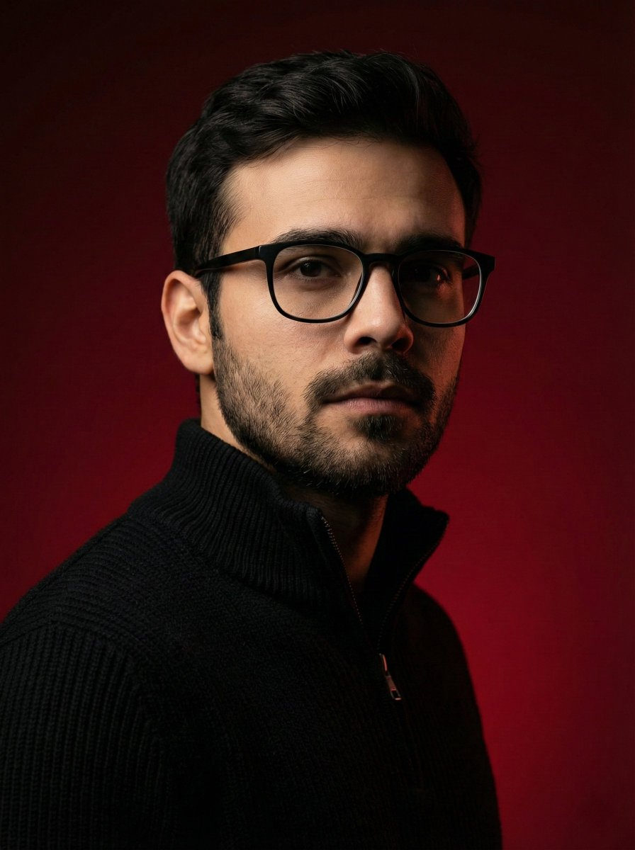 A moody fashion portrait of a middle-aged male with a serious expression, dressed in a black knit zip-up sweater against a dark red gradient background.