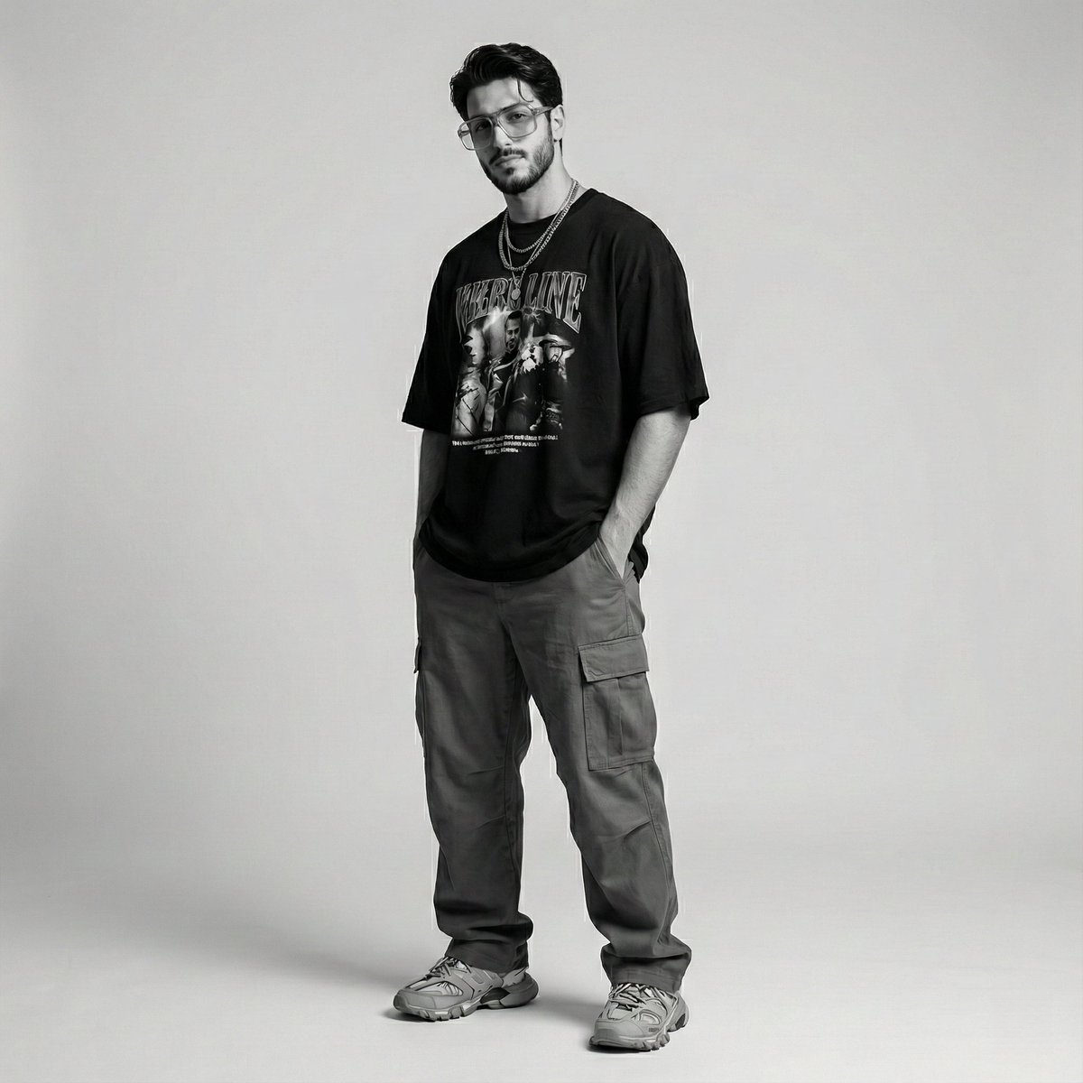A confident man in oversized streetwear, posing casually against a soft grey backdrop with diffused lighting.