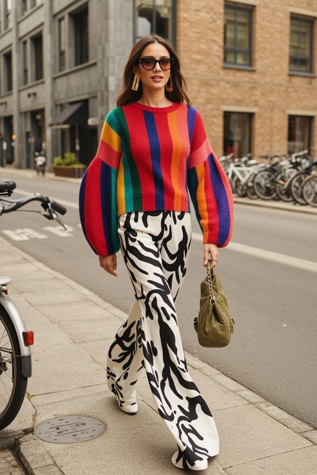 Walking City Street Zebra Pants Gold Earrings