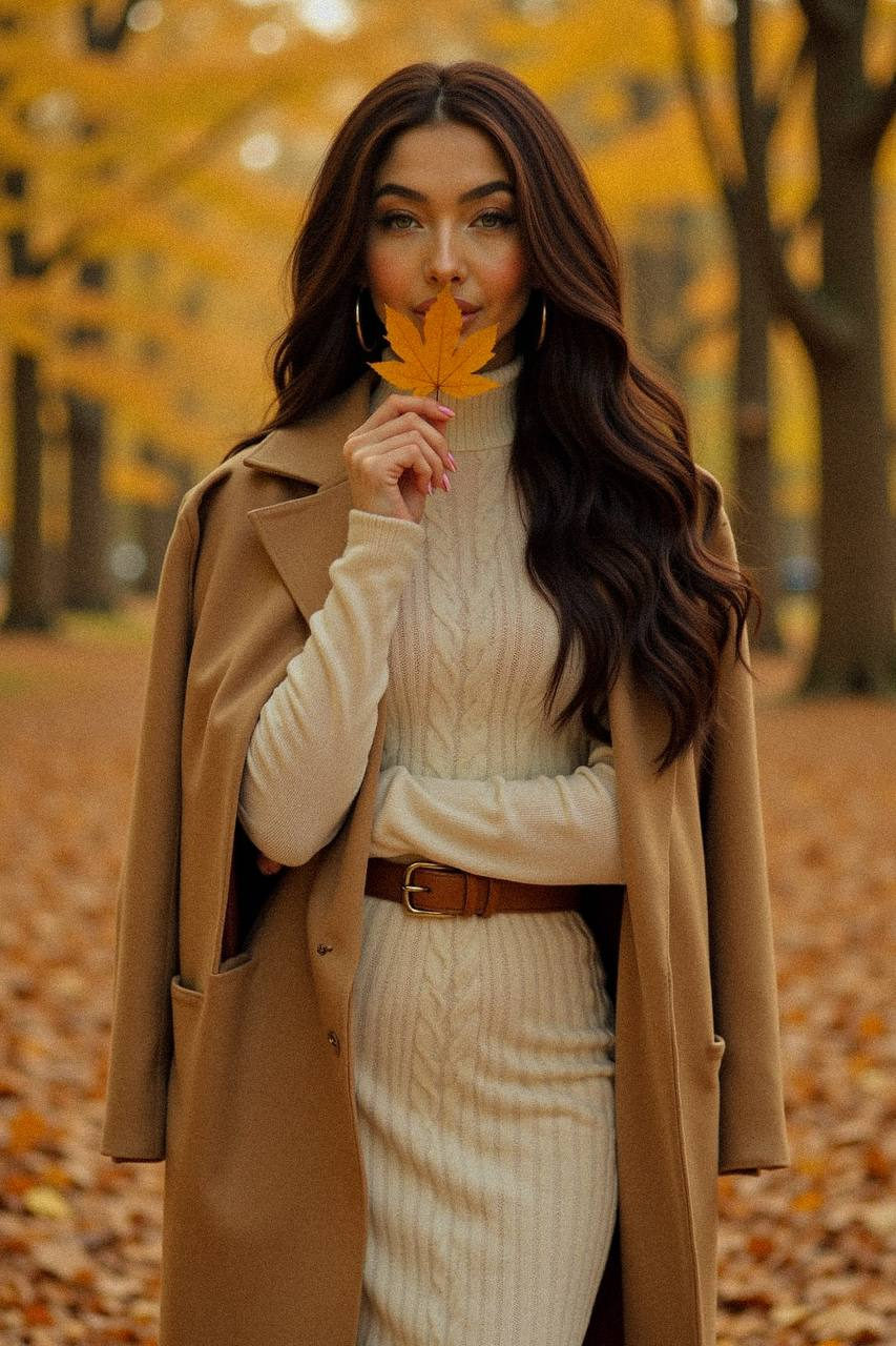 A woman in a knitted sweater dress stands in a forest surrounded by orange leaves, holding a bright maple leaf with a serene expression.