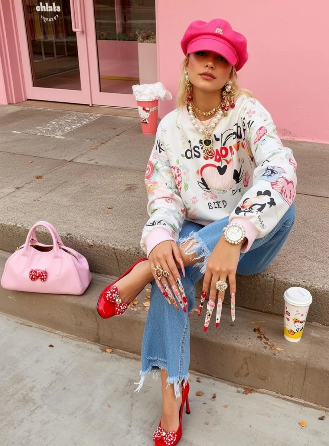 Earrings And Necklace And Rings Outside A Pink Building