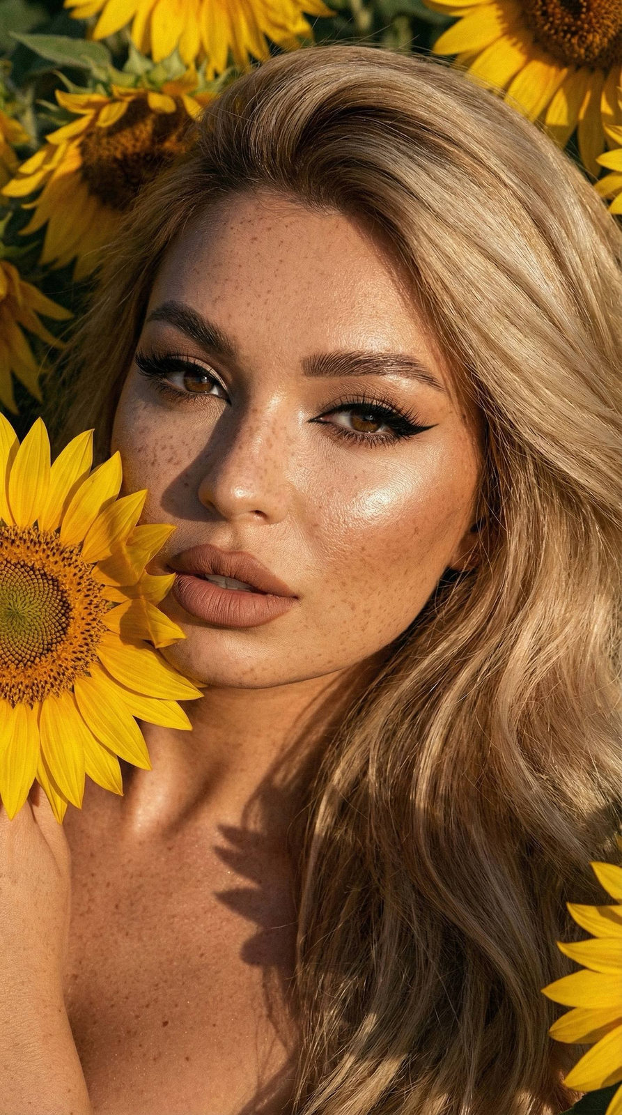 Close-up portrait of a woman with sunflower details, bold eyeliner, and soft lighting emphasizing her features.