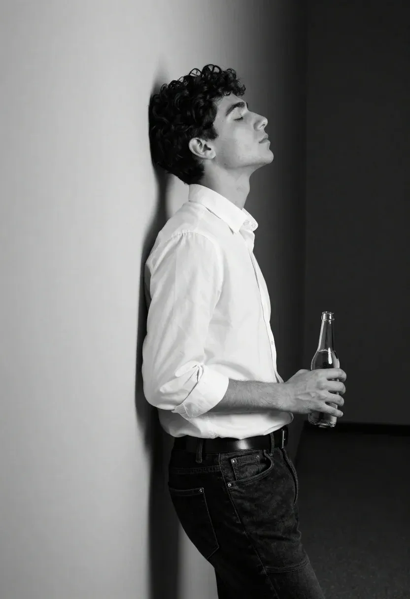 Young Man Stands Profile Leaning Against Wall With His Eyes