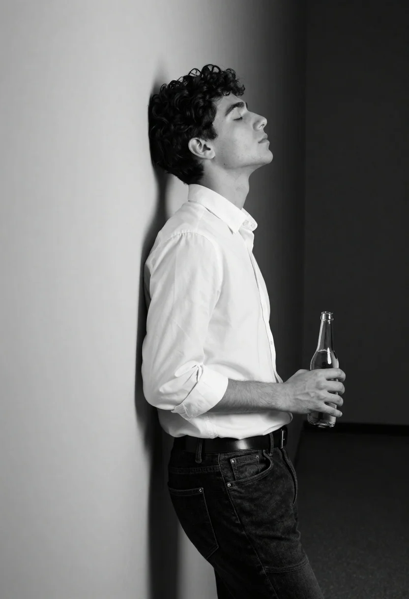 Young Man Stands Profile Leaning Against Wall With His Eyes