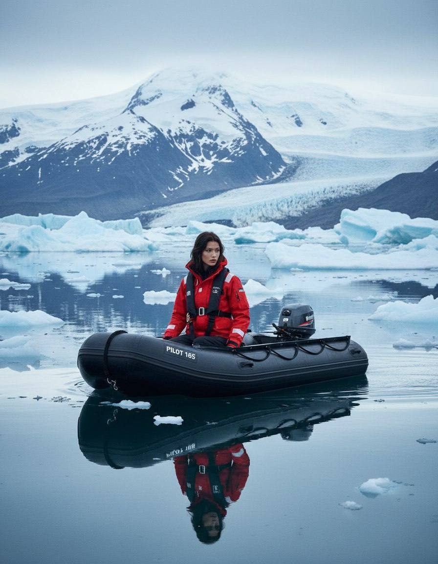 A person in a bright red expedition jacket in a rubber boat surrounded by floating icebergs and a large snow-capped mountain.