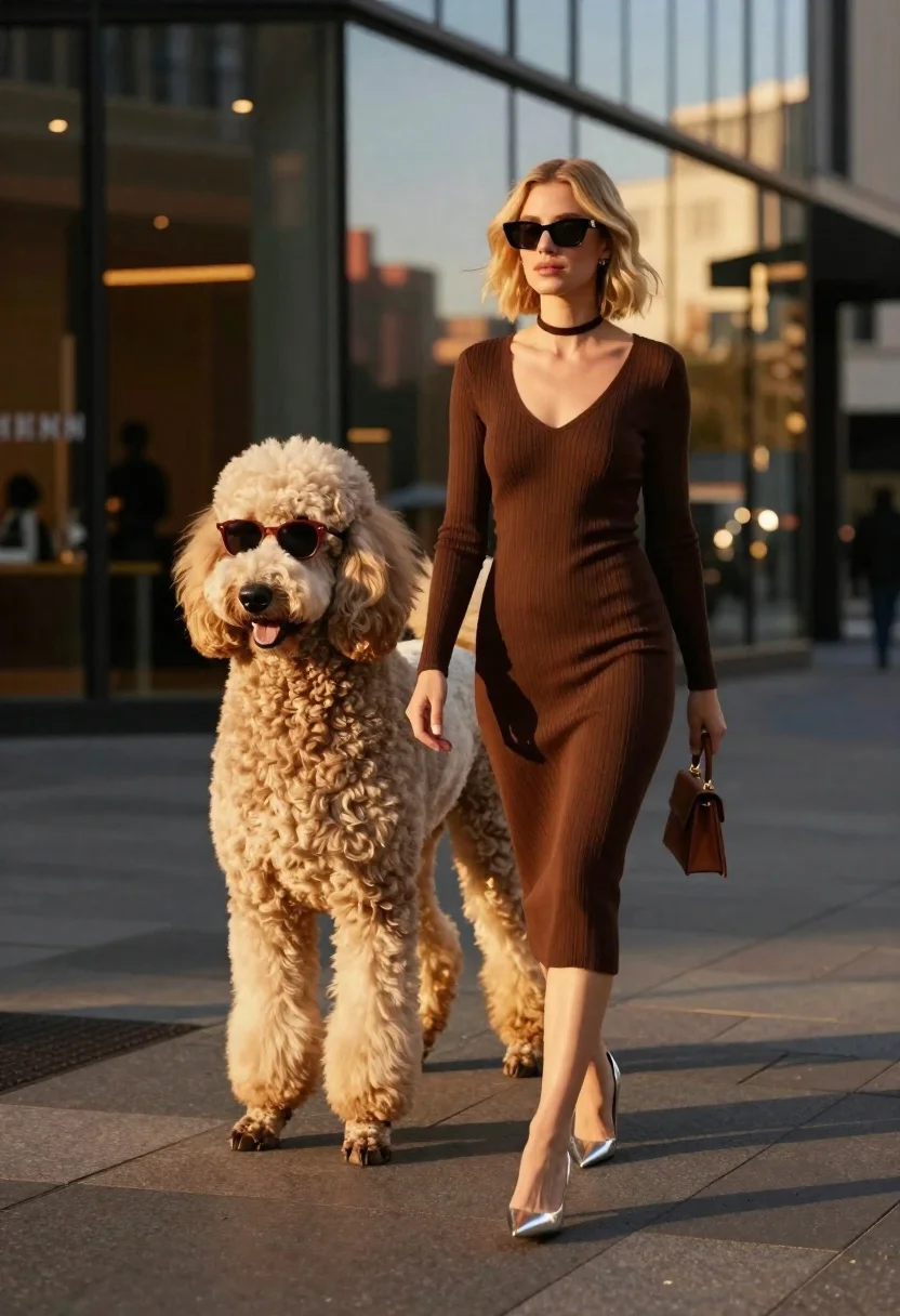 Cinematic Urban Street Shot Stylish Woman Walking Beside Oversized Poodle reference photo