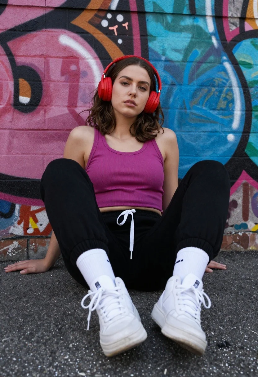 A young woman with wavy brown hair sits cross-legged on asphalt wearing a magenta tank top and large red headphones against a graffiti wall.