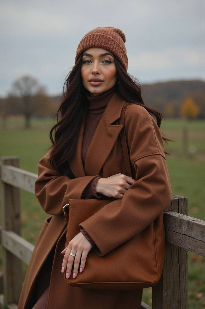 A woman in a deep brown coat leans on a rustic fence, surrounded by blurred autumn fields and an overcast sky.