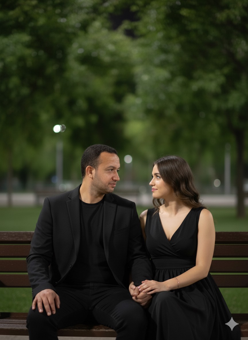 A young couple sitting on a park bench, boy in a black blazer and girl in a black empire waist dress, both gazing affectionately at each other.