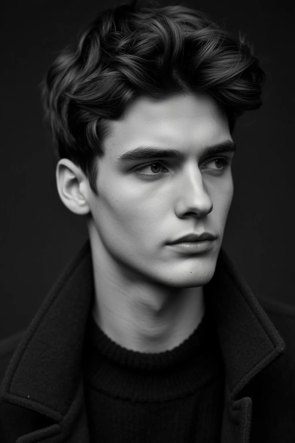 Photorealistic Black And White Medium Close-up Portrait Young Man Looking