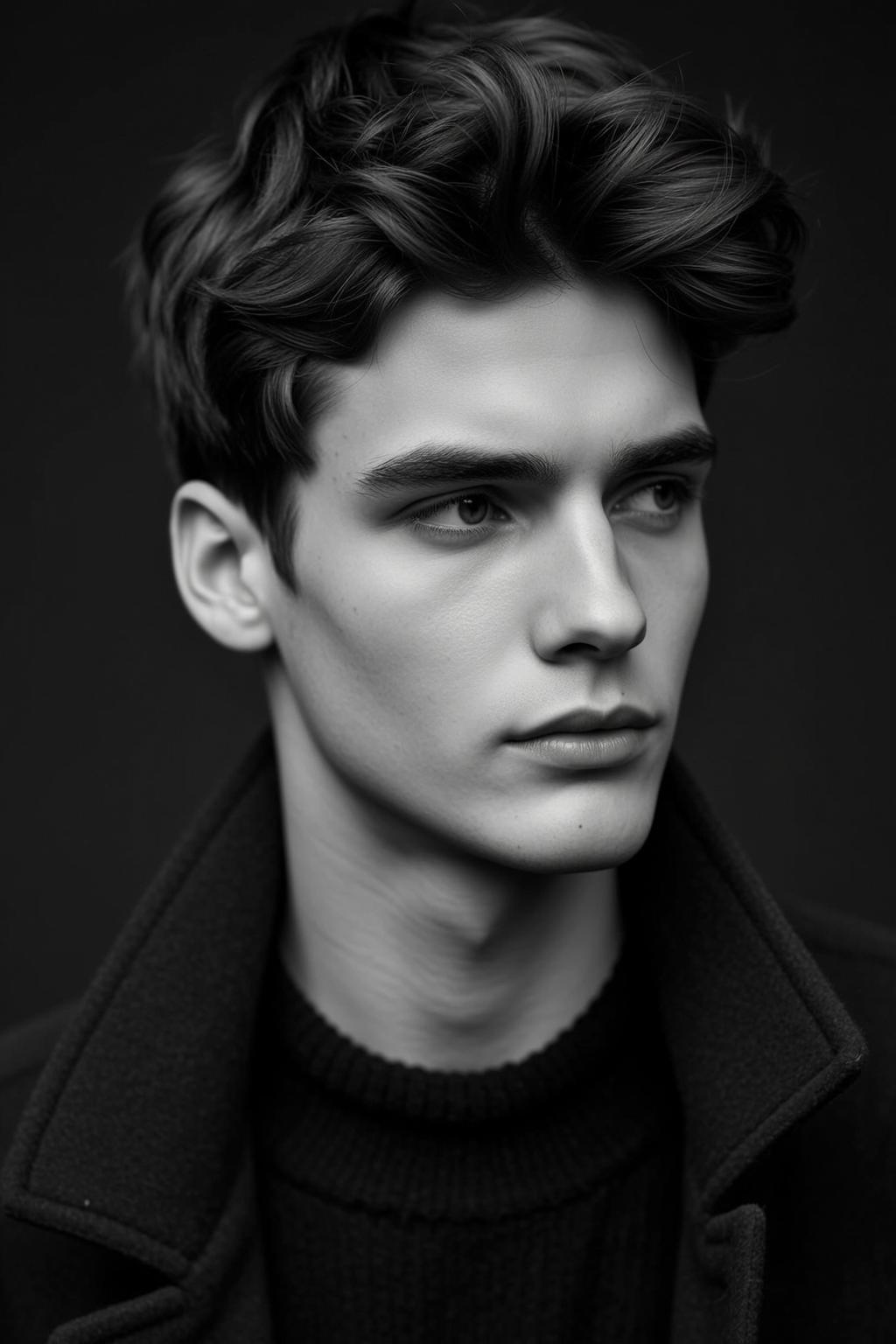 Photorealistic Black And White Medium Close-up Portrait Young Man Looking
