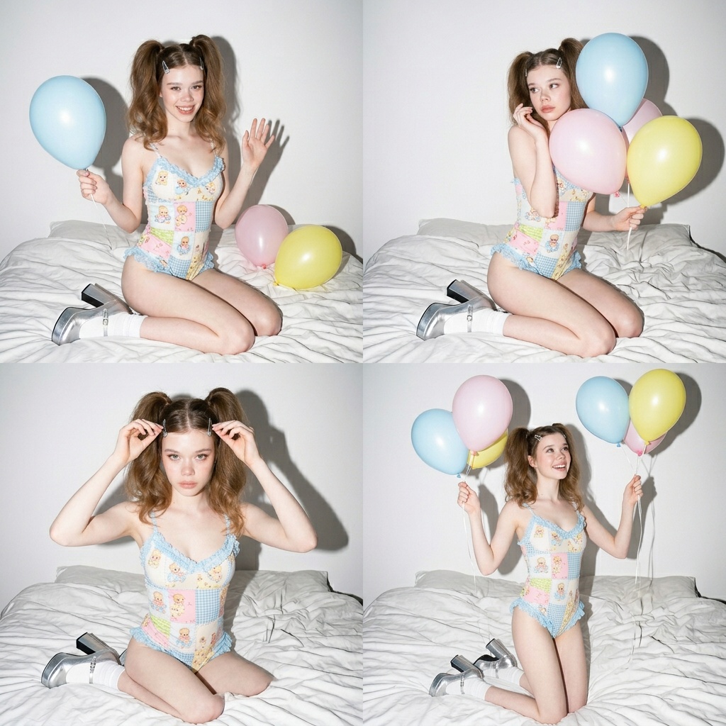 Twin Ponytails Patchwork Bodysuit Balloons Bed Flash