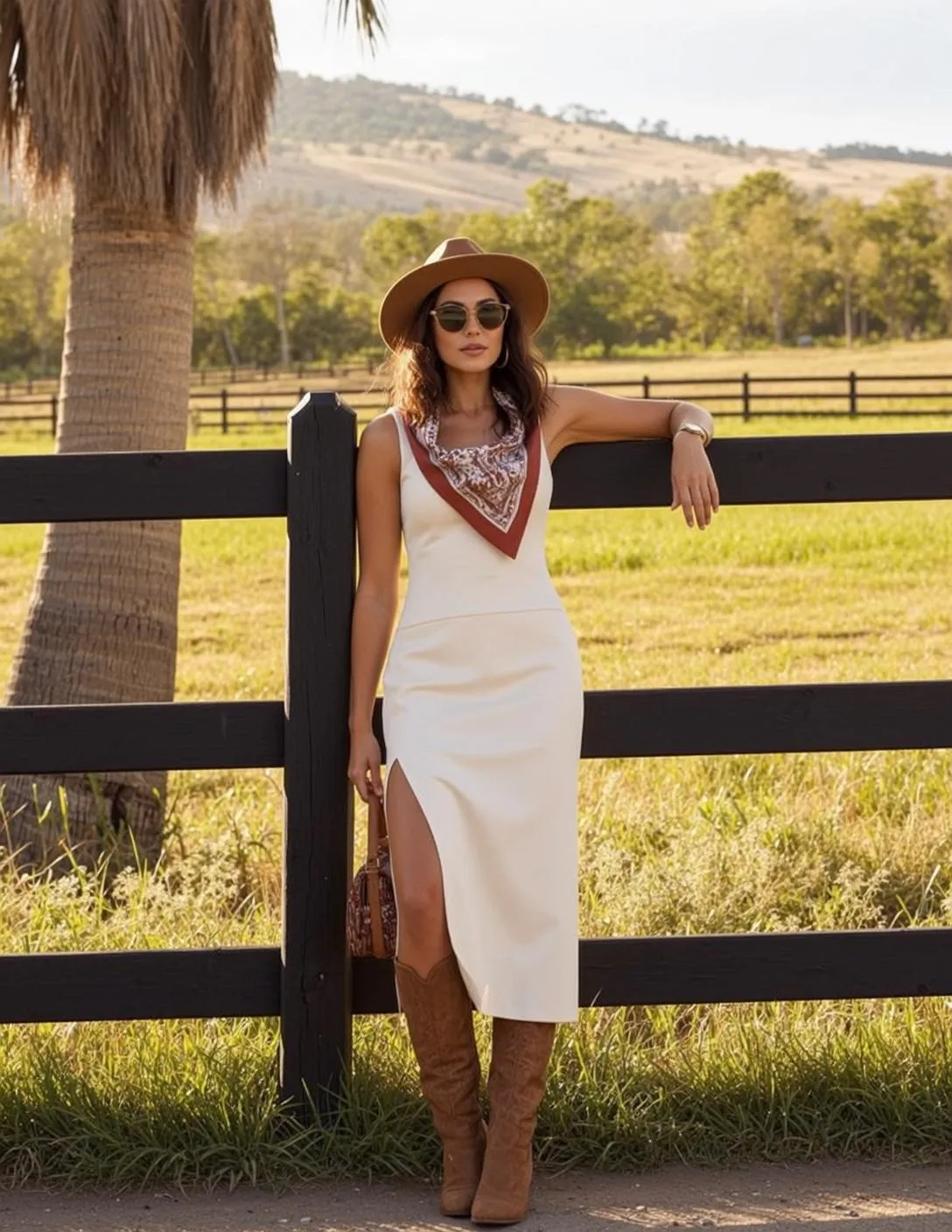 Sunglasses With A White Dress By A Ranch Fence