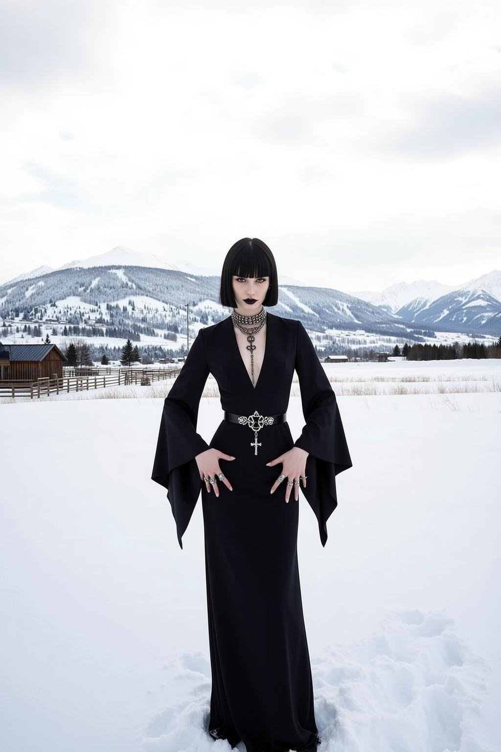 Gothic Dress Snowy Mountain Scene