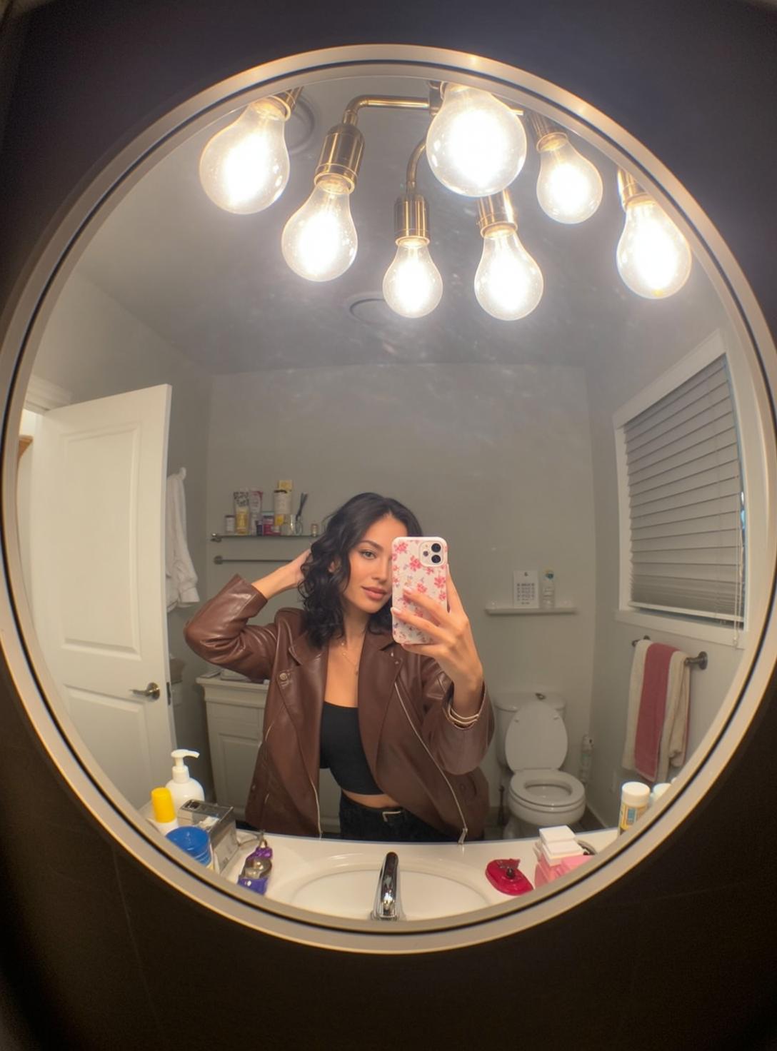 Leather Jacket Bathroom Mirror Selfie
