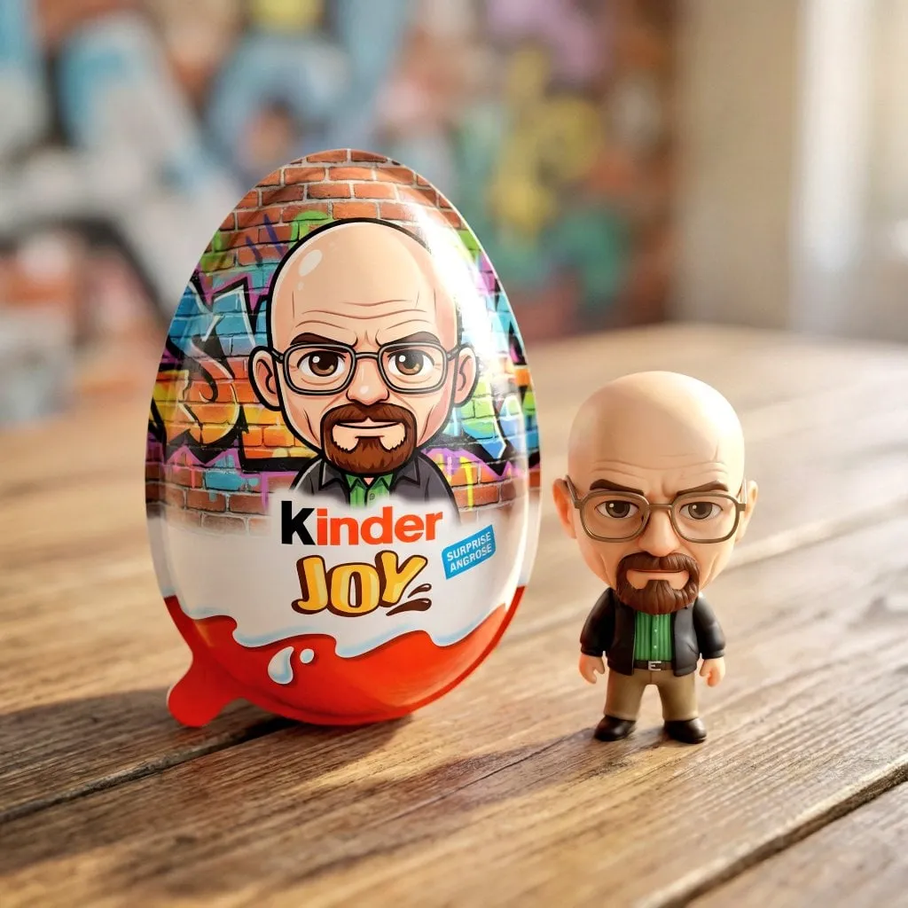 Kinder Joy Egg With Chibi Figurine On Wooden Table