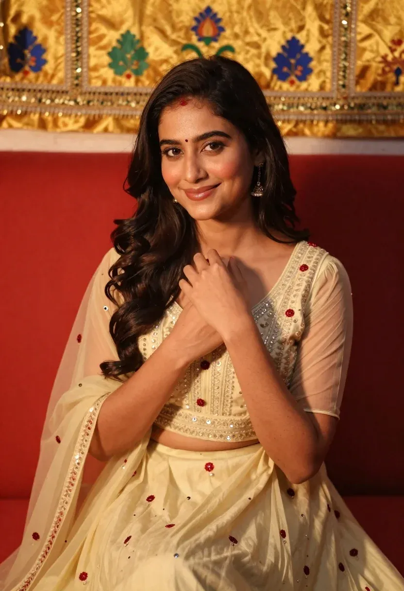 Young Woman With Long Dark Wavy Hair And Bindi Her