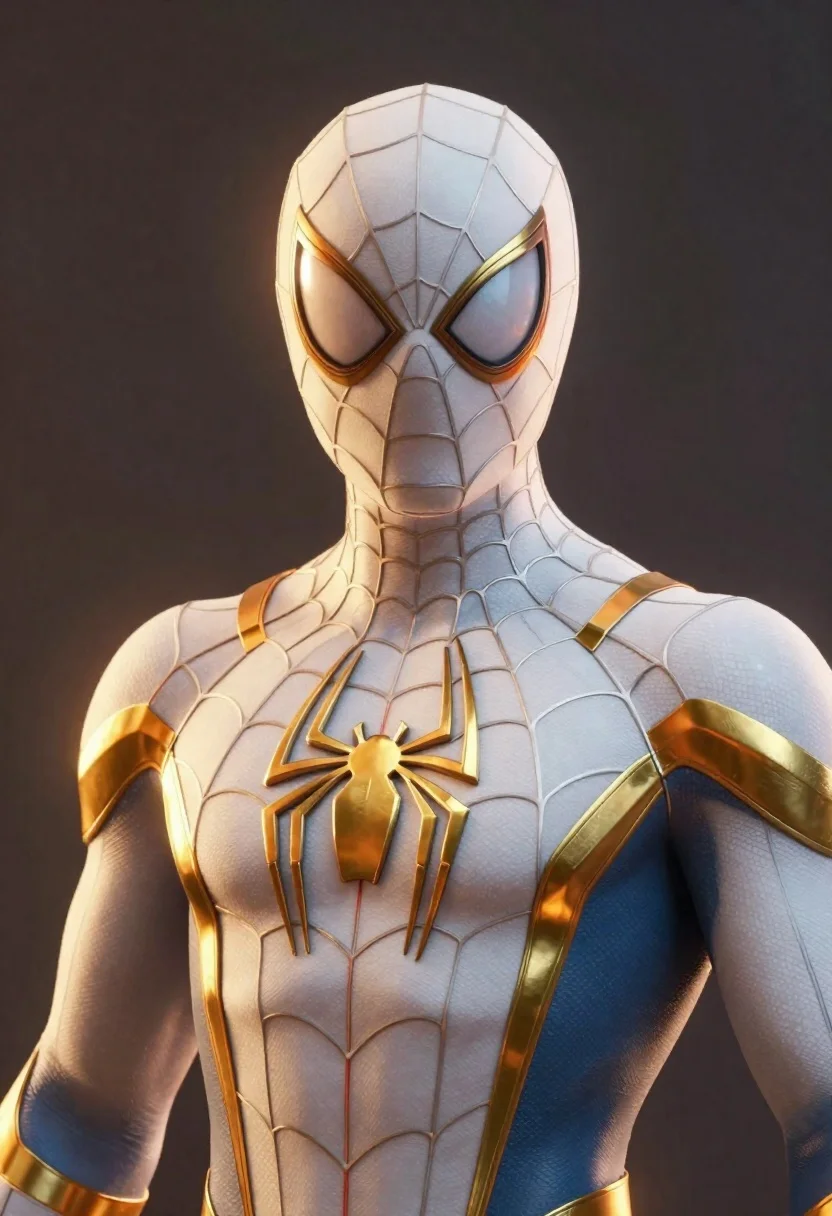 Sleek And Heroic Close-up Spider-man White And Gold Armored Suit reference photo