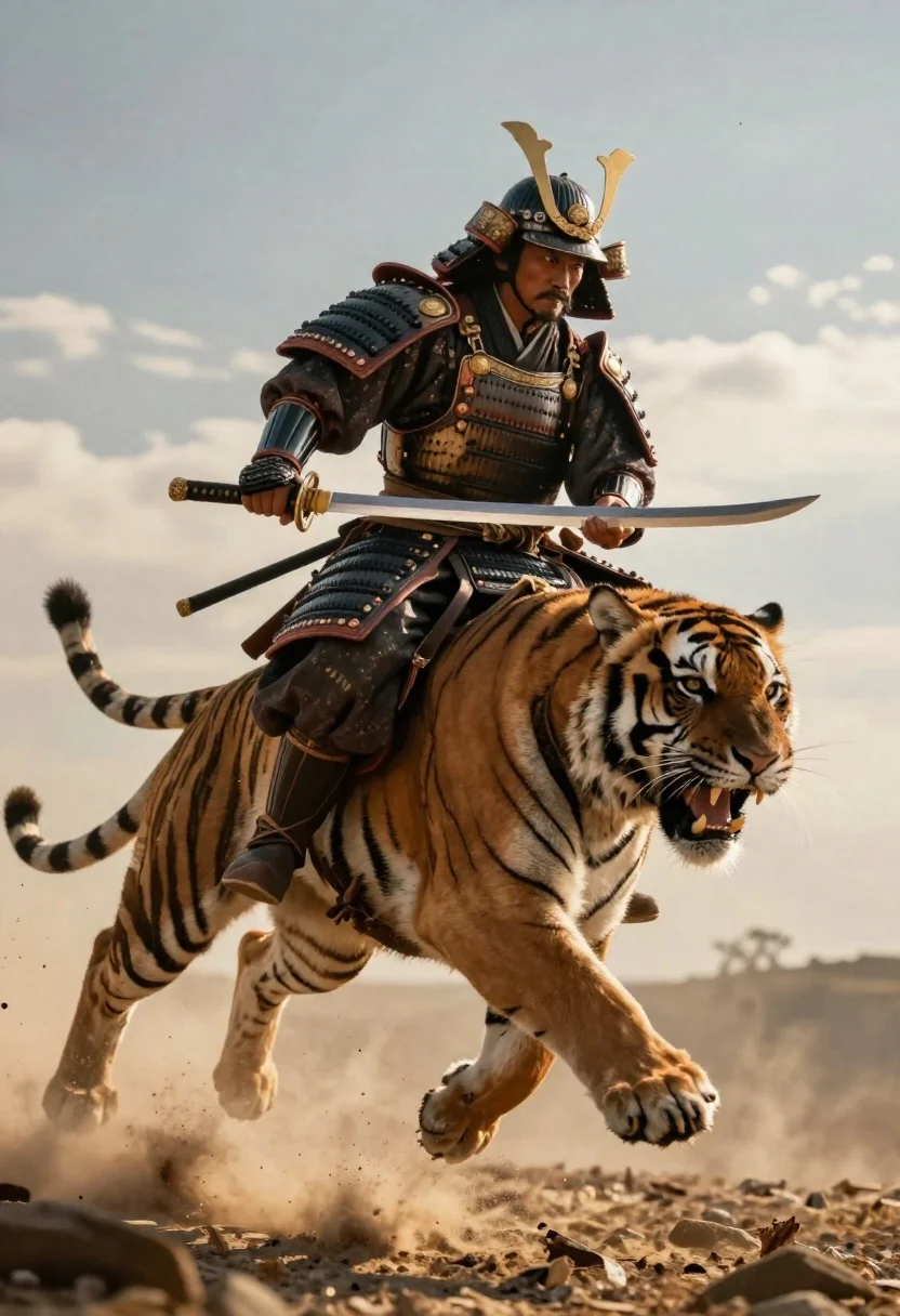 Subject Heavily Armored Samurai Warrior Mounted Massive Roaring Tiger Mid-leap reference photo