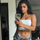 Dimly Lit Room Mirror Selfie White Tube Top Denim Shorts