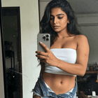 Dimly Lit Room Mirror Selfie White Tube Top Denim Shorts