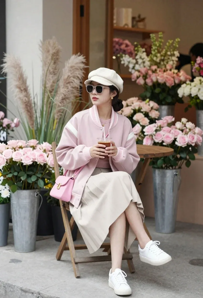 Young Woman Sits Gracefully Wooden Folding Chair Sun-drenched Flower Shop