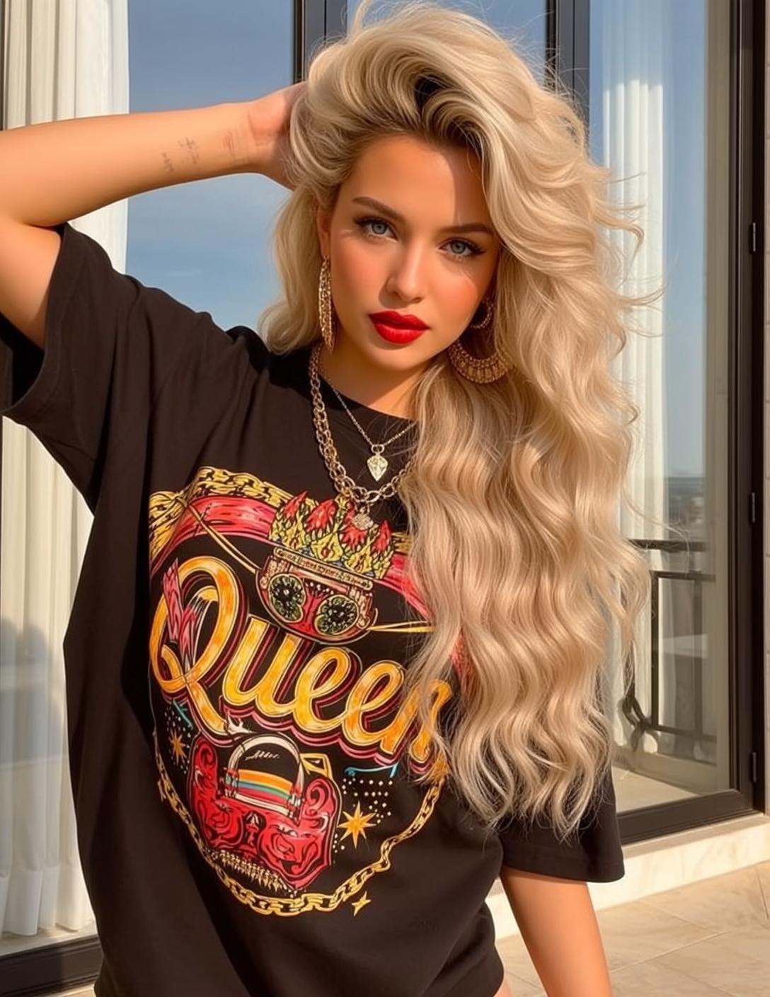 Photorealistic Portrait Young Woman With Long Voluminous Wavy Blonde Hair