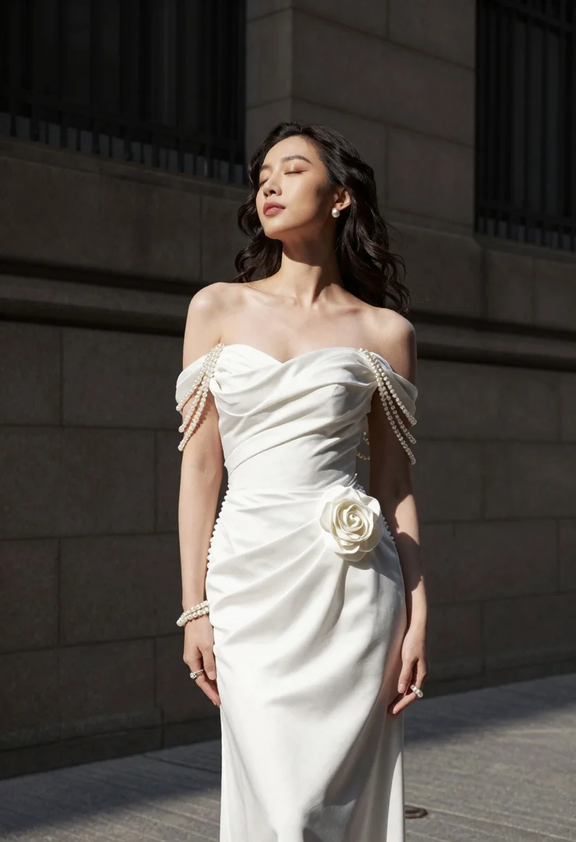 Woman Stands Three-quarter Pose Wearing Elegant White Gown With Pearl reference photo