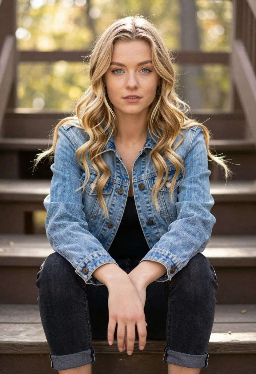 Portrait Young Woman Long Wavy Blonde Hair Blue Eyes Denim reference photo