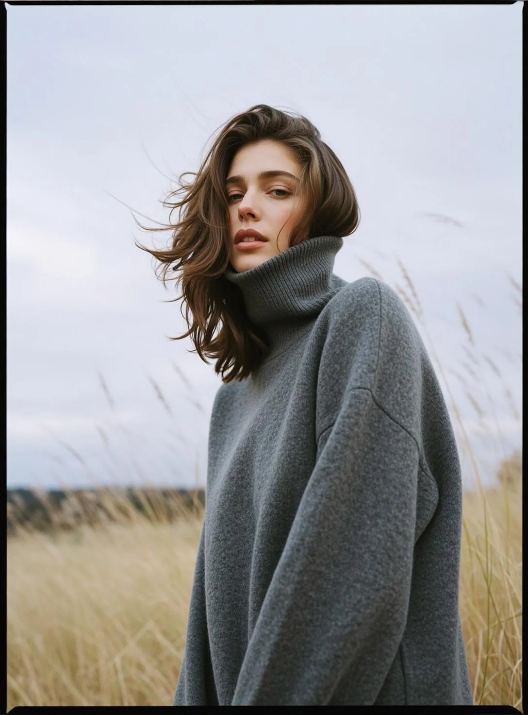 Grey Turtleneck Grass Portrait