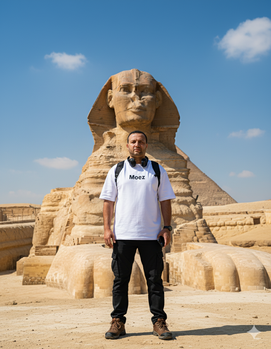 A low-angle portrait of a man in front of the Great Sphinx under bright skies, showcasing limestone details and vibrant attire.