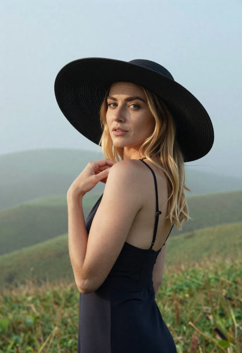 Woman Stands Misty Landscape Wearing Oversized Black Hat And Dark reference photo