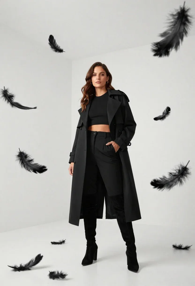 Confident Woman Stands Minimalist White Studio Space Surrounded Floating Black