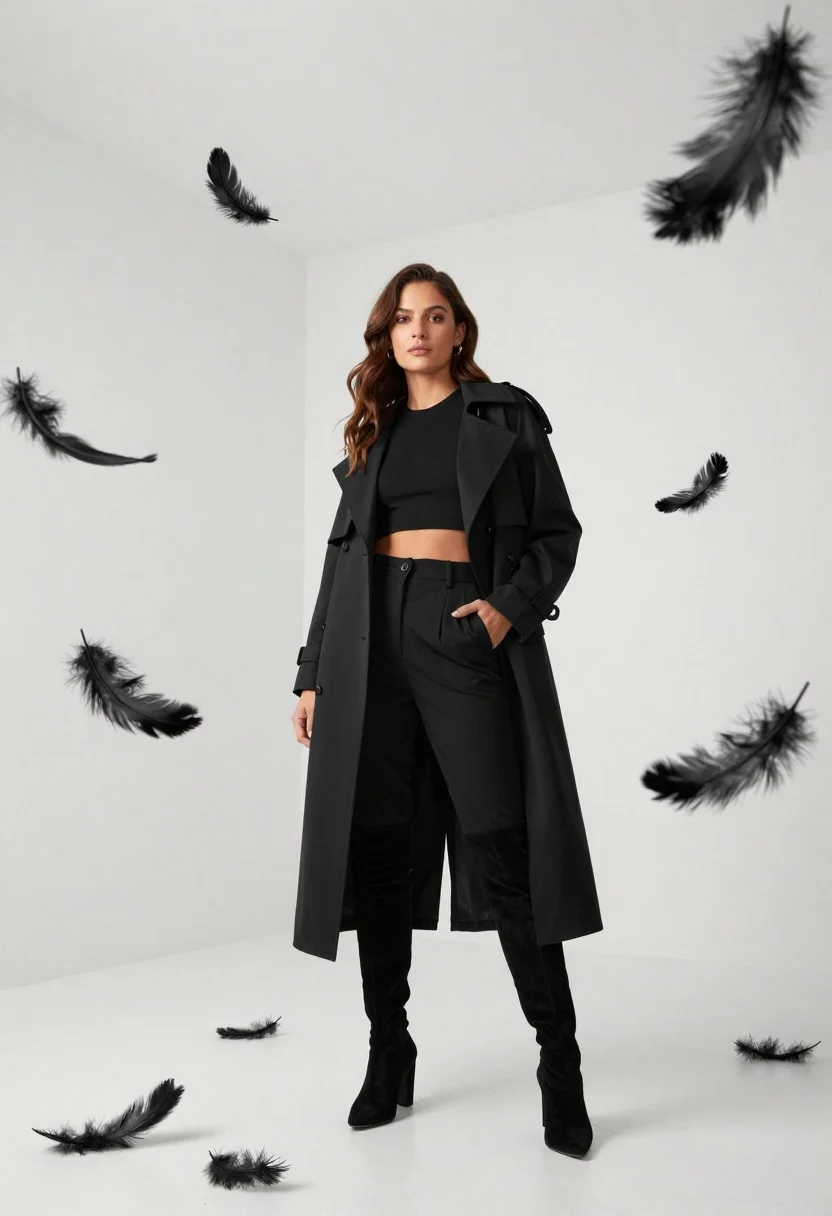 A confident woman stands tall in a minimalist white studio, surrounded by floating black feathers, emphasizing her presence.