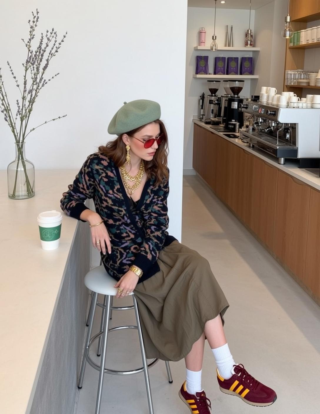 Patterned Cardigan and Olive Midi Skirt