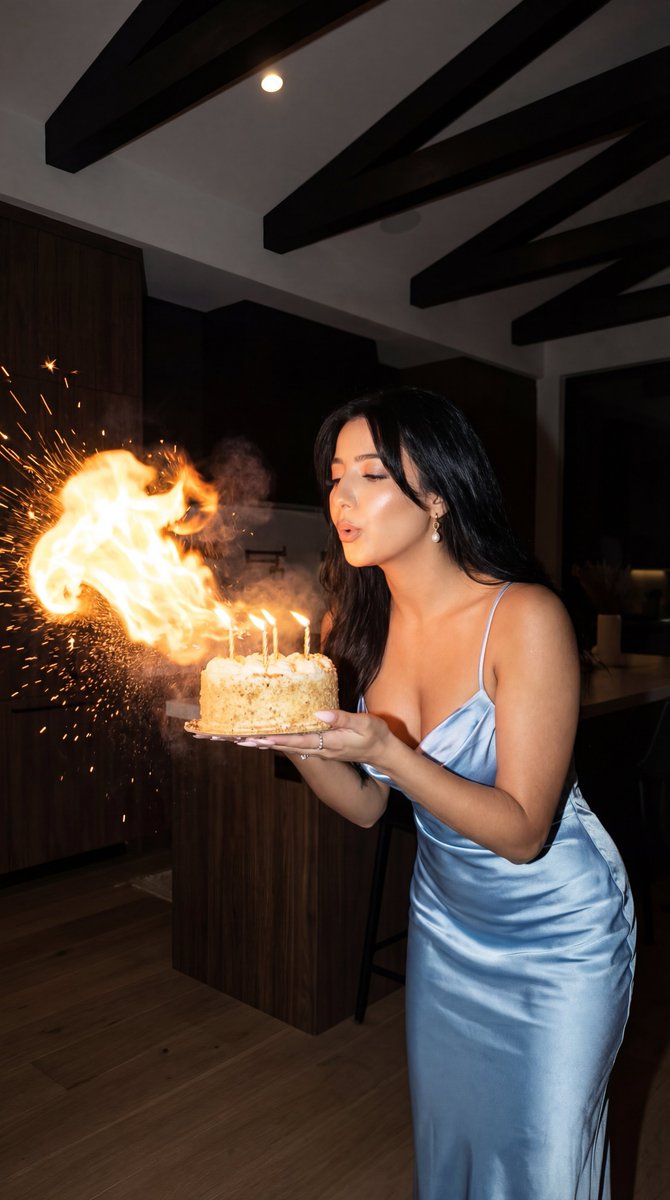 A birthday party scene featuring one person in a light blue satin dress holding a lit cake, with a warm glow from candles.