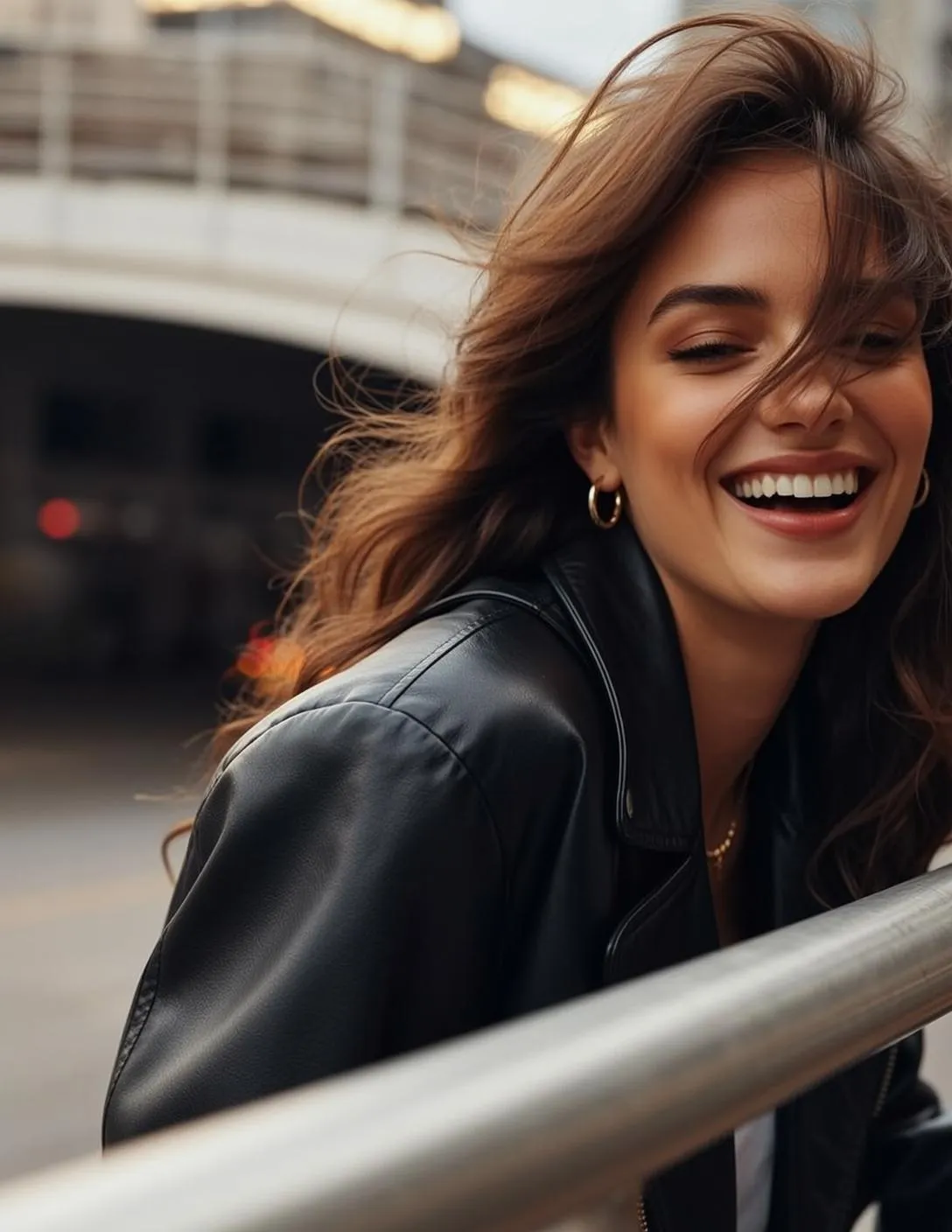 Earrings And Necklace With Black Leather Motorcycle Jacket