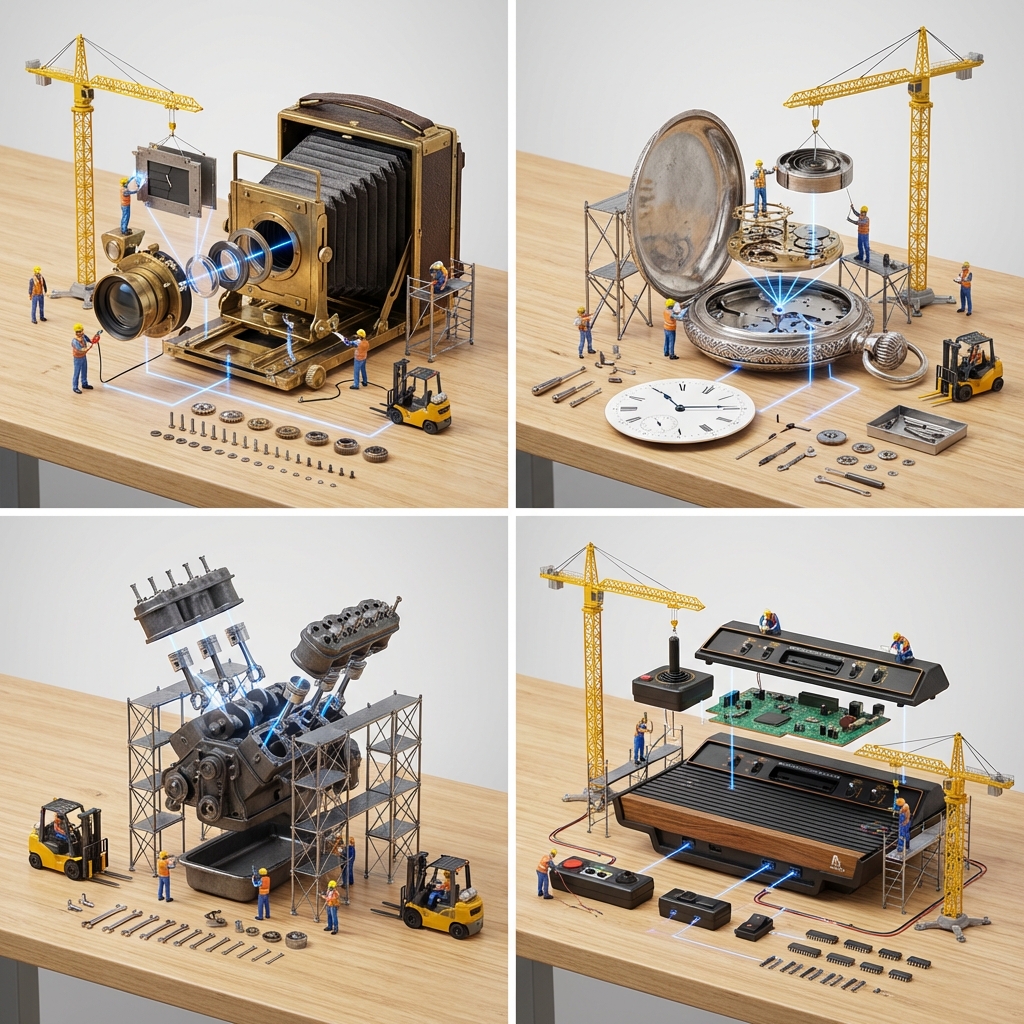 An exploded view of a vintage camera on a wooden workbench, featuring intricate components arranged in a spatial layout.
