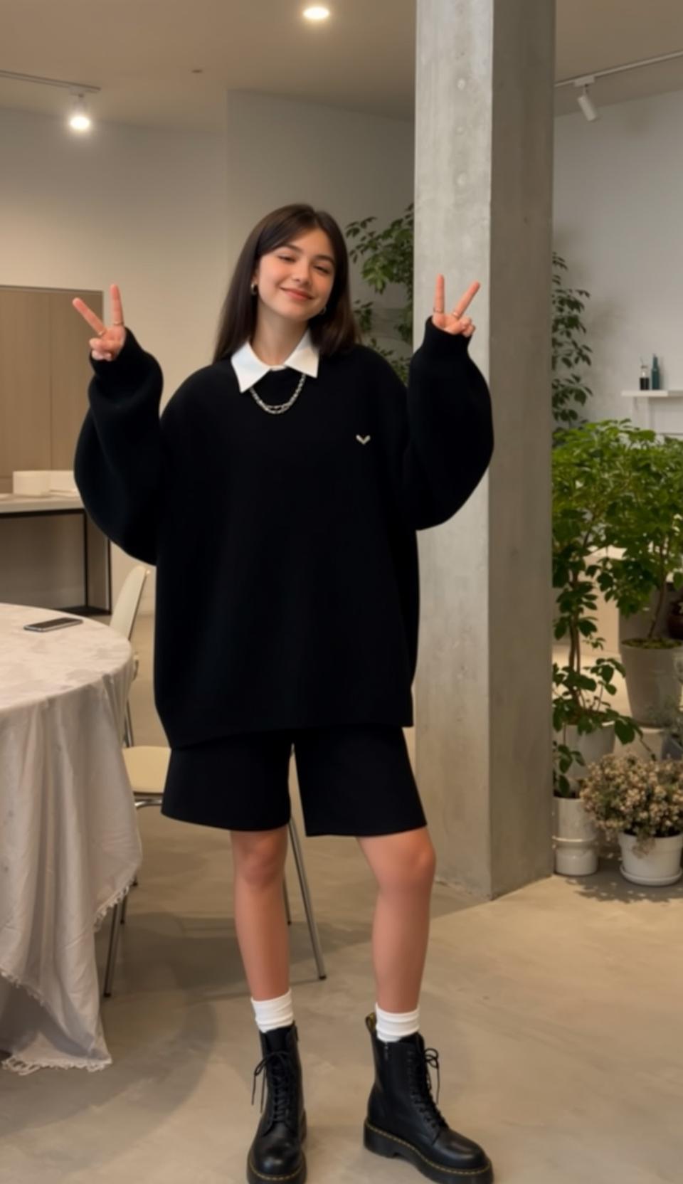 Black Sweater Peace Signs in Cafe