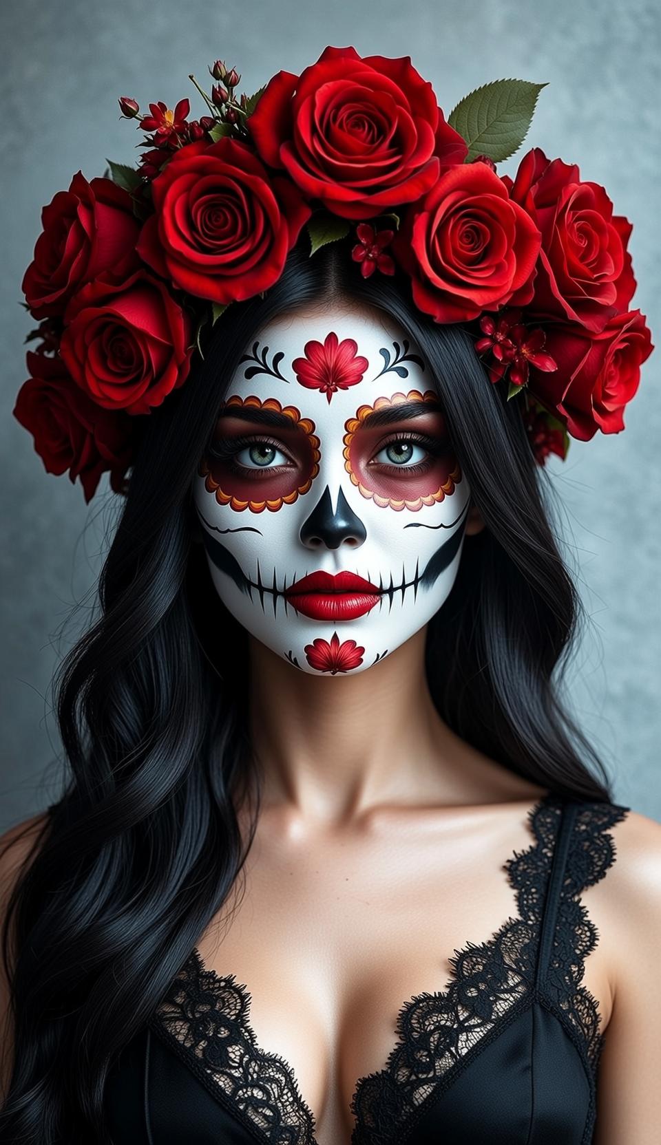 Halloween Makeup Sugar Skull Long Wavy Black