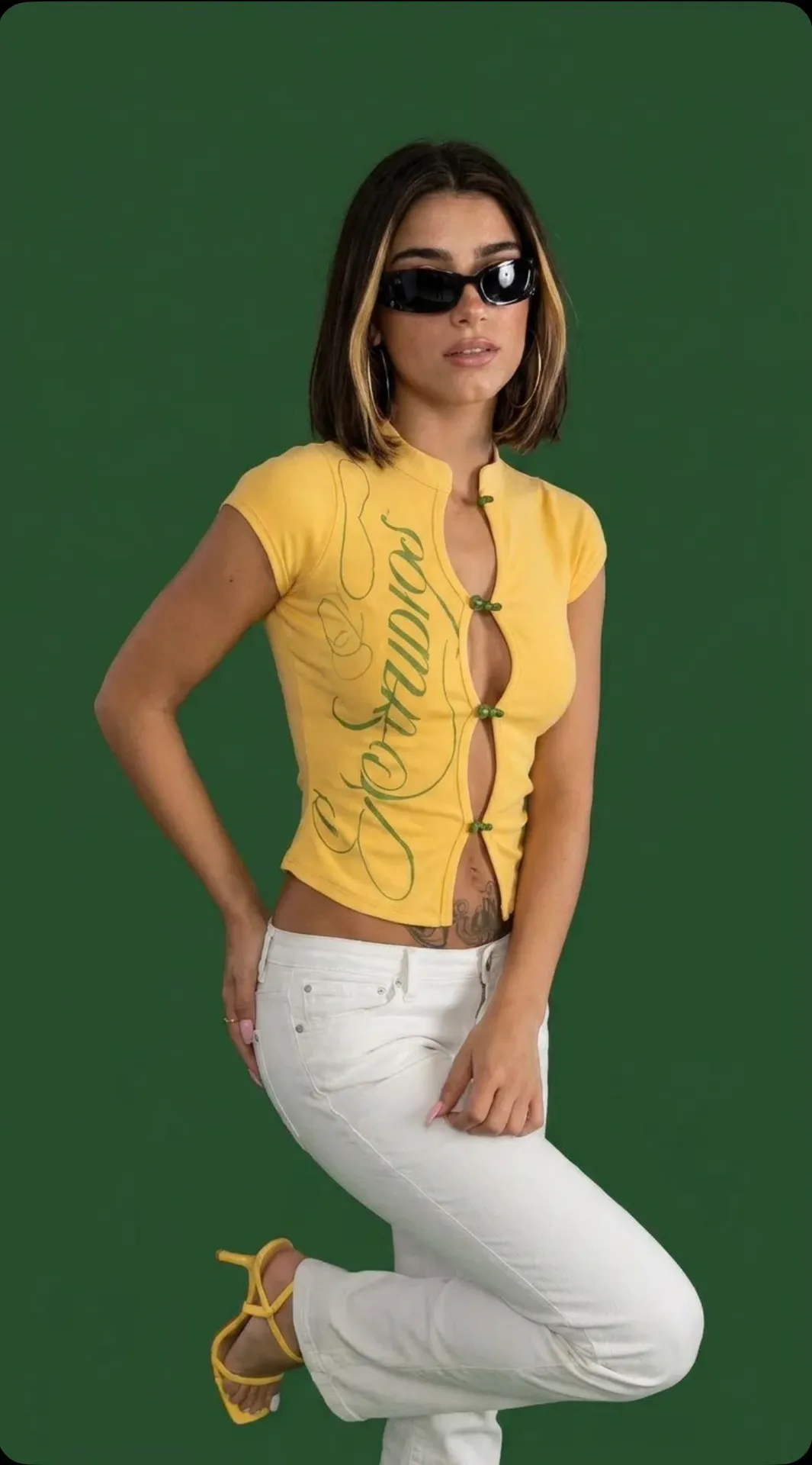 Tattoos Sunglasses Earrings And Manicure In Yellow Top Portrait