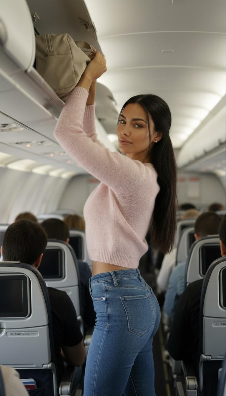 Airplane Cabin Standing Fuzzy Knit Sweater Overhead Bin