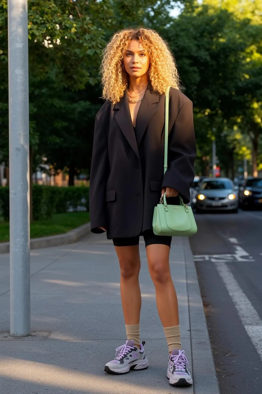 Blonde Curly Hair Woman City Street Golden Hour