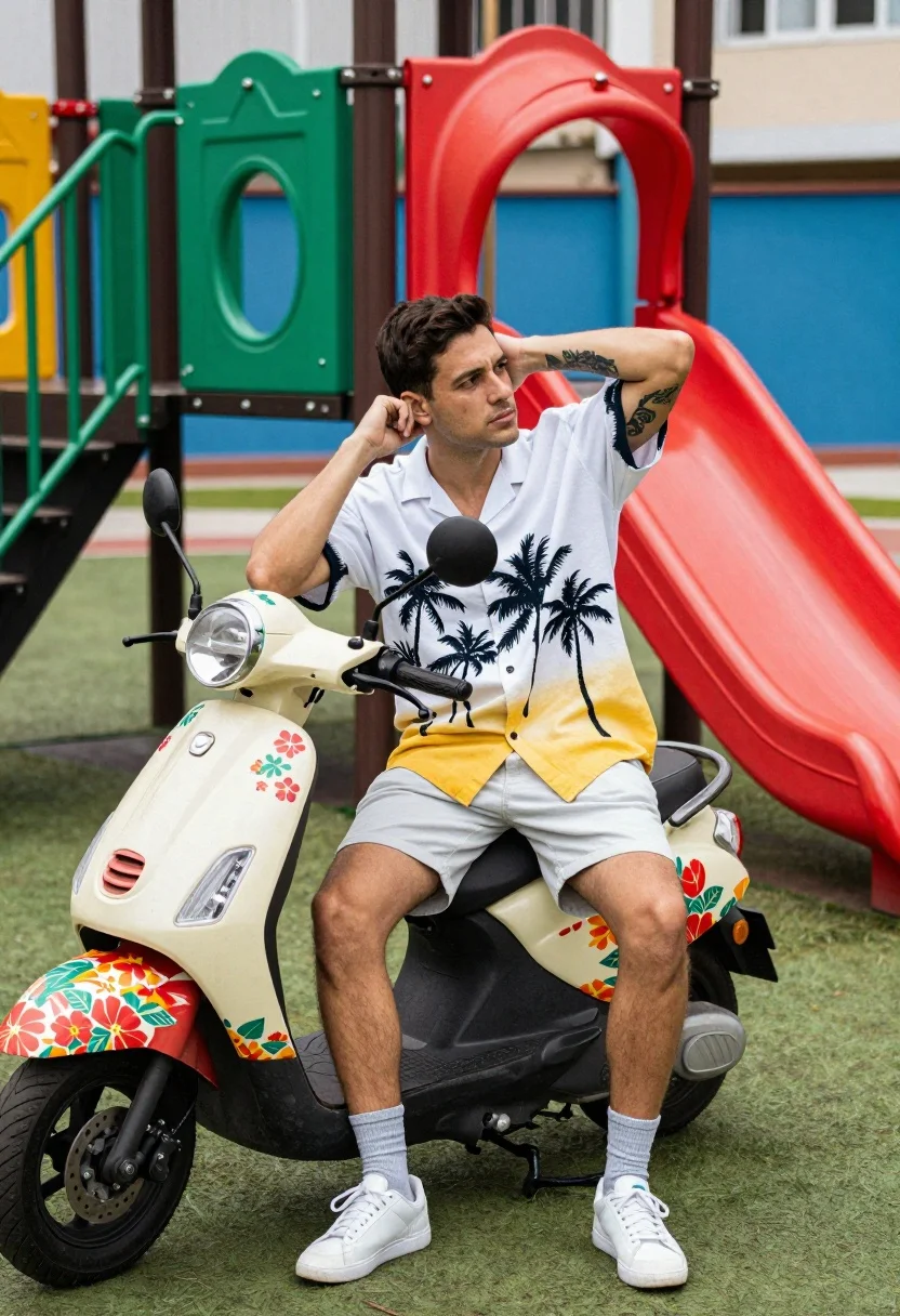Man Sits Casually Colorful Floral-patterned Scooter Outdoor Playground Setting Subject