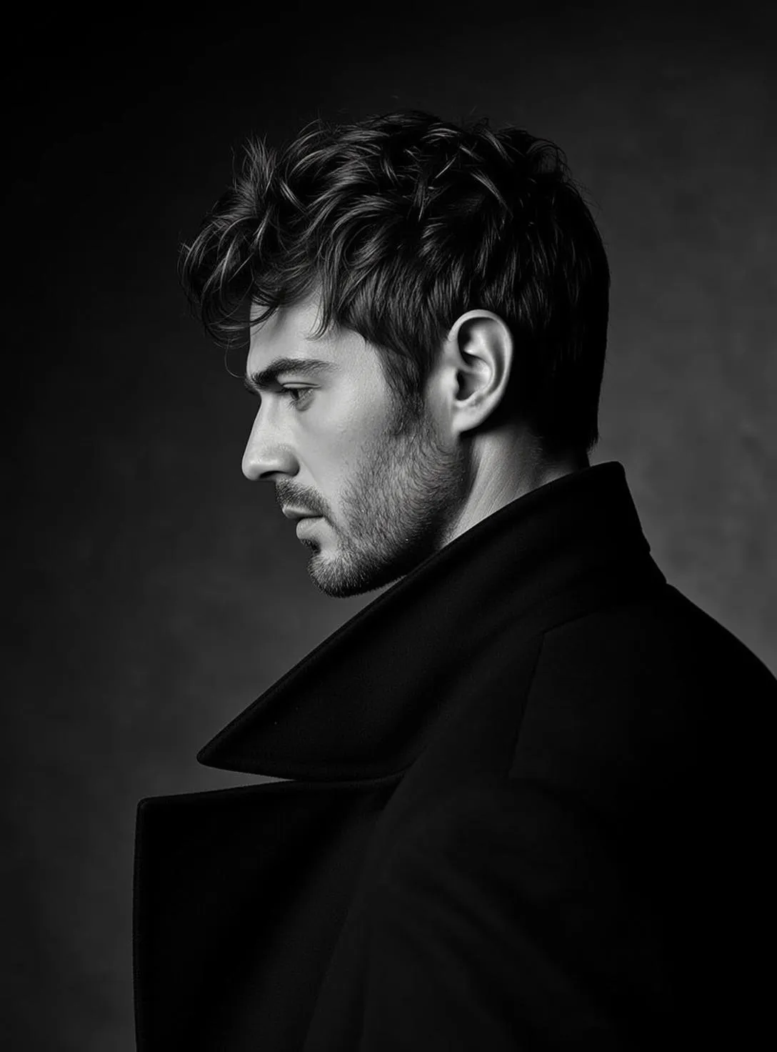 Photorealistic Black And White Medium Shot Portrait Young Man Profile