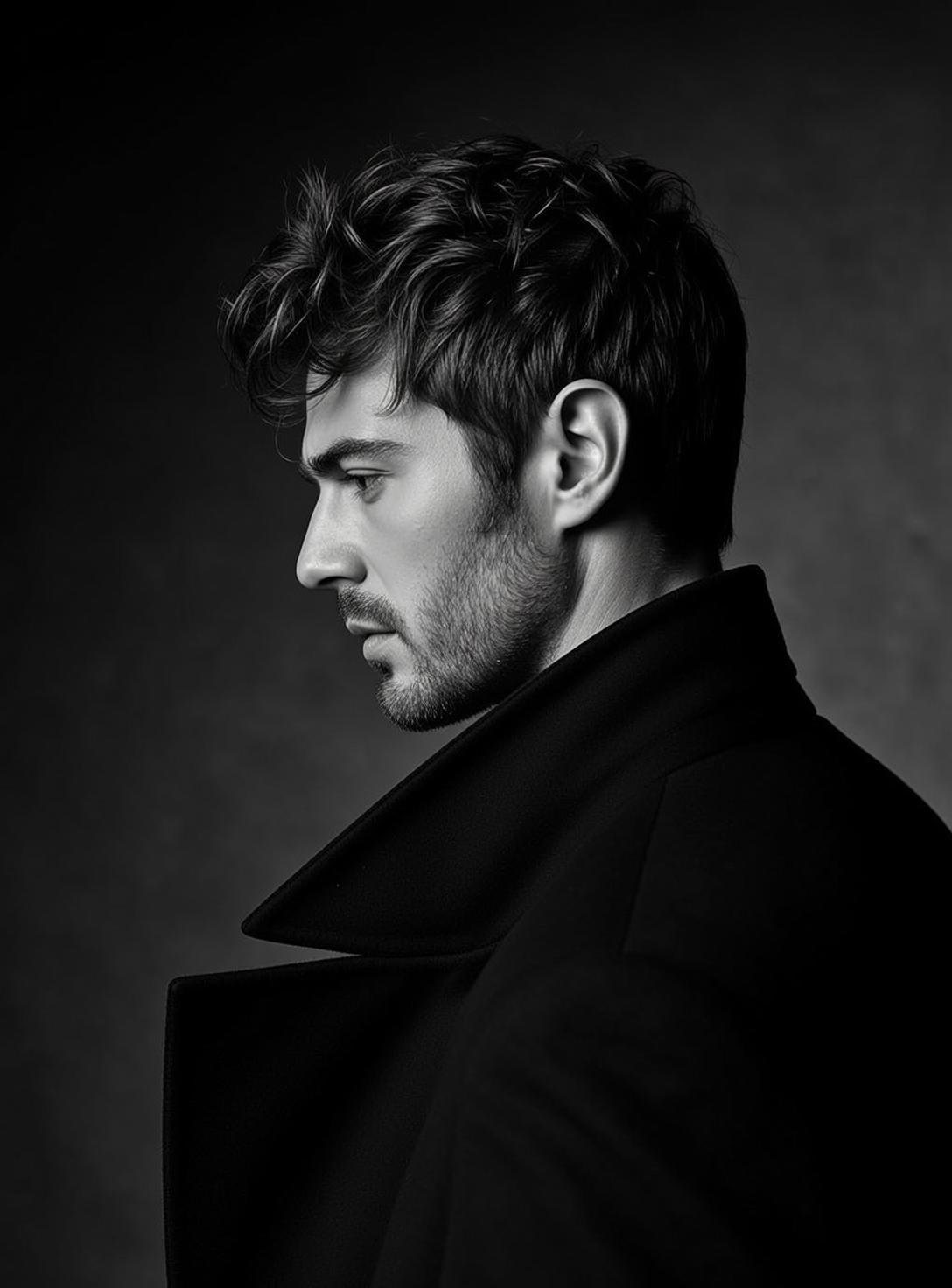 Photorealistic Black And White Medium Shot Portrait Young Man Profile