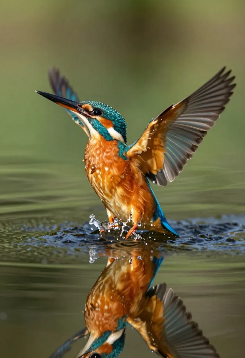 Kingfisher Emerging From Water With Wings Spread Wide And Sharp