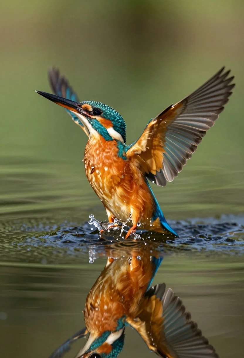 Kingfisher Emerging From Water With Wings Spread Wide And Sharp