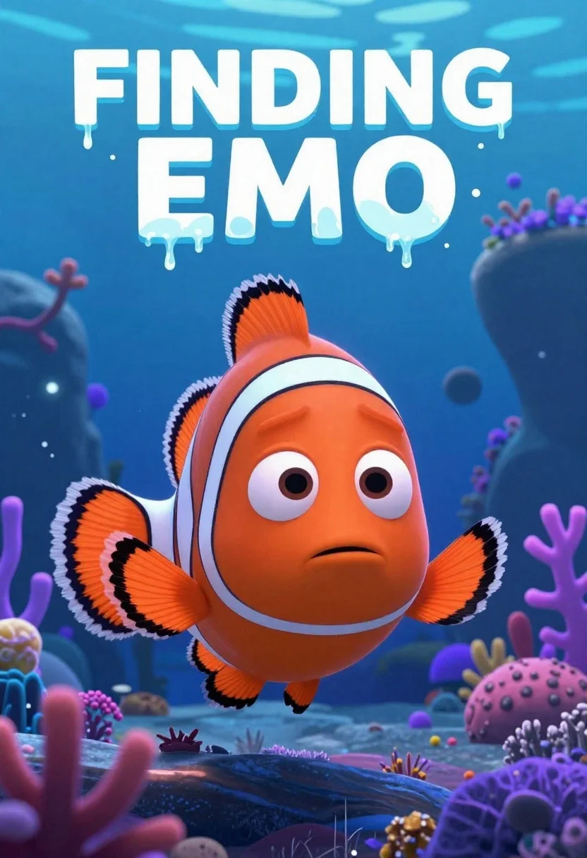 Animated Movie Poster Featuring Stylized Underwater Scene Subject Anthropomorphic Clownfish reference photo